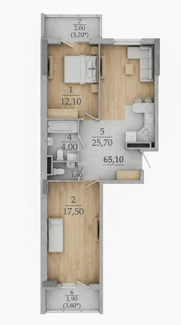 Двухкомнатная квартира · 65.4 м² · ЖК Таировские сады