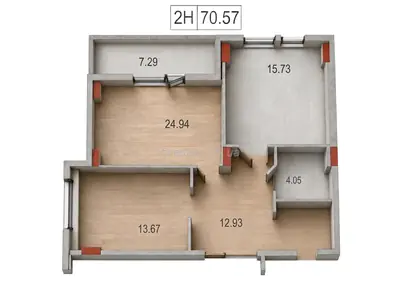 Двухкомнатная · 70.57 м² · ЖК Дерби
