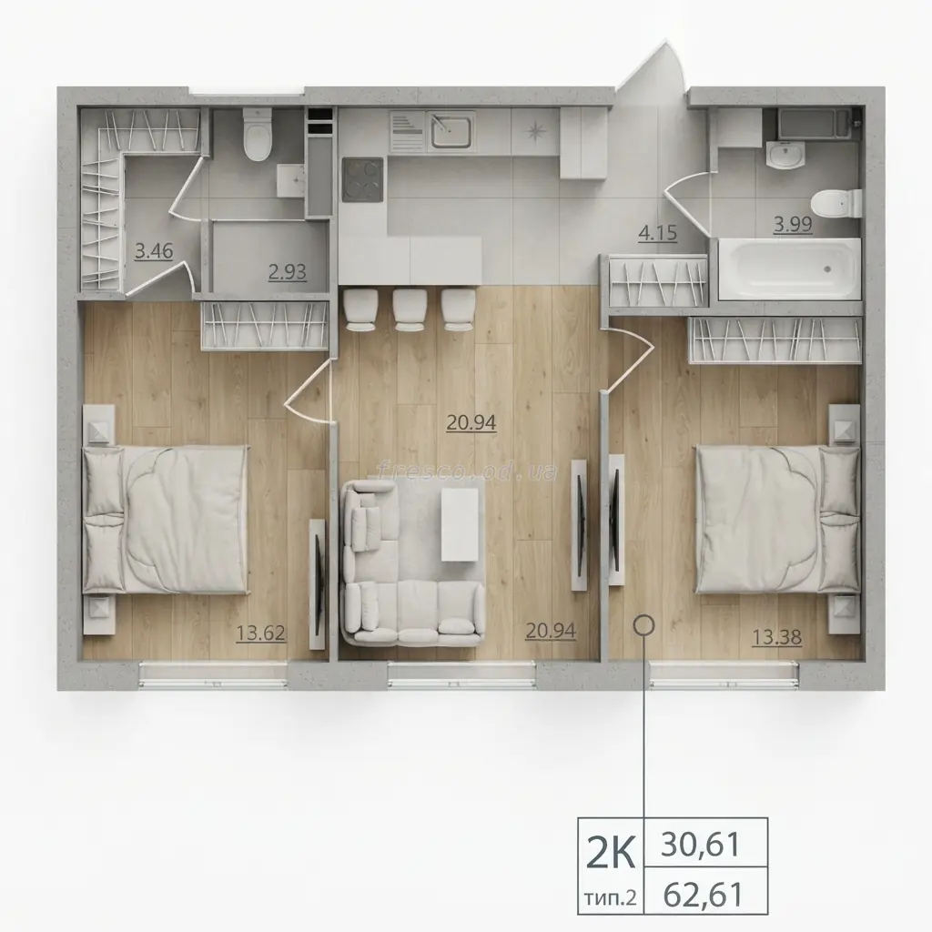 Двокімнатна квартира · 62.61 м² · ЖК Акварель 10