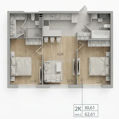 Двухкомнатная · 62.61 м² · ЖК Акварель 10