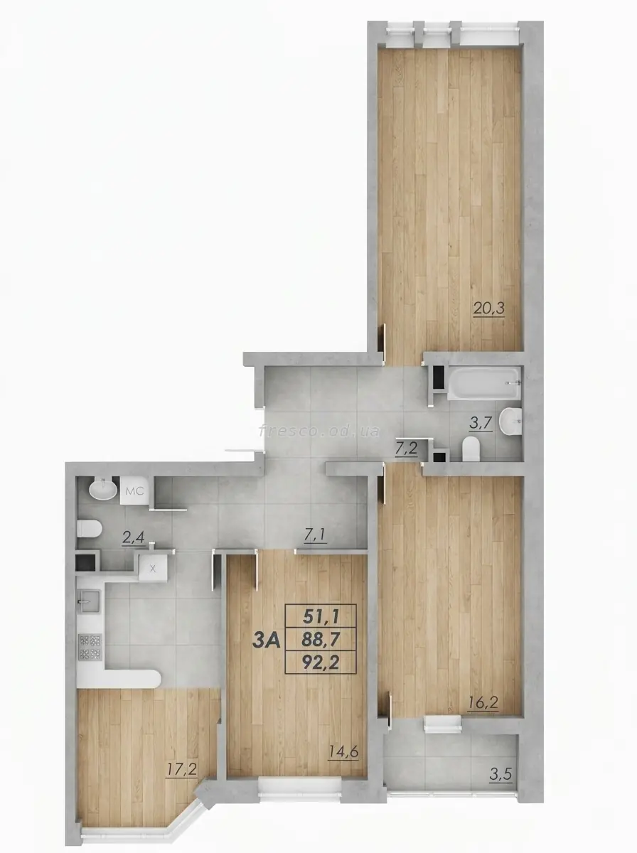 Трёхкомнатная · 92.2 м² · ЖК Прохоровский квартал