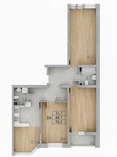 Трёхкомнатная квартира · 92.2 м² · ЖК Прохоровский квартал