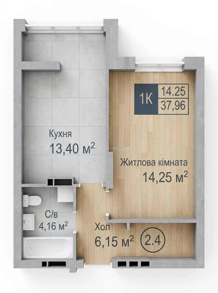 Однокомнатная квартира · 37.96 м² · ЖК Sea Town