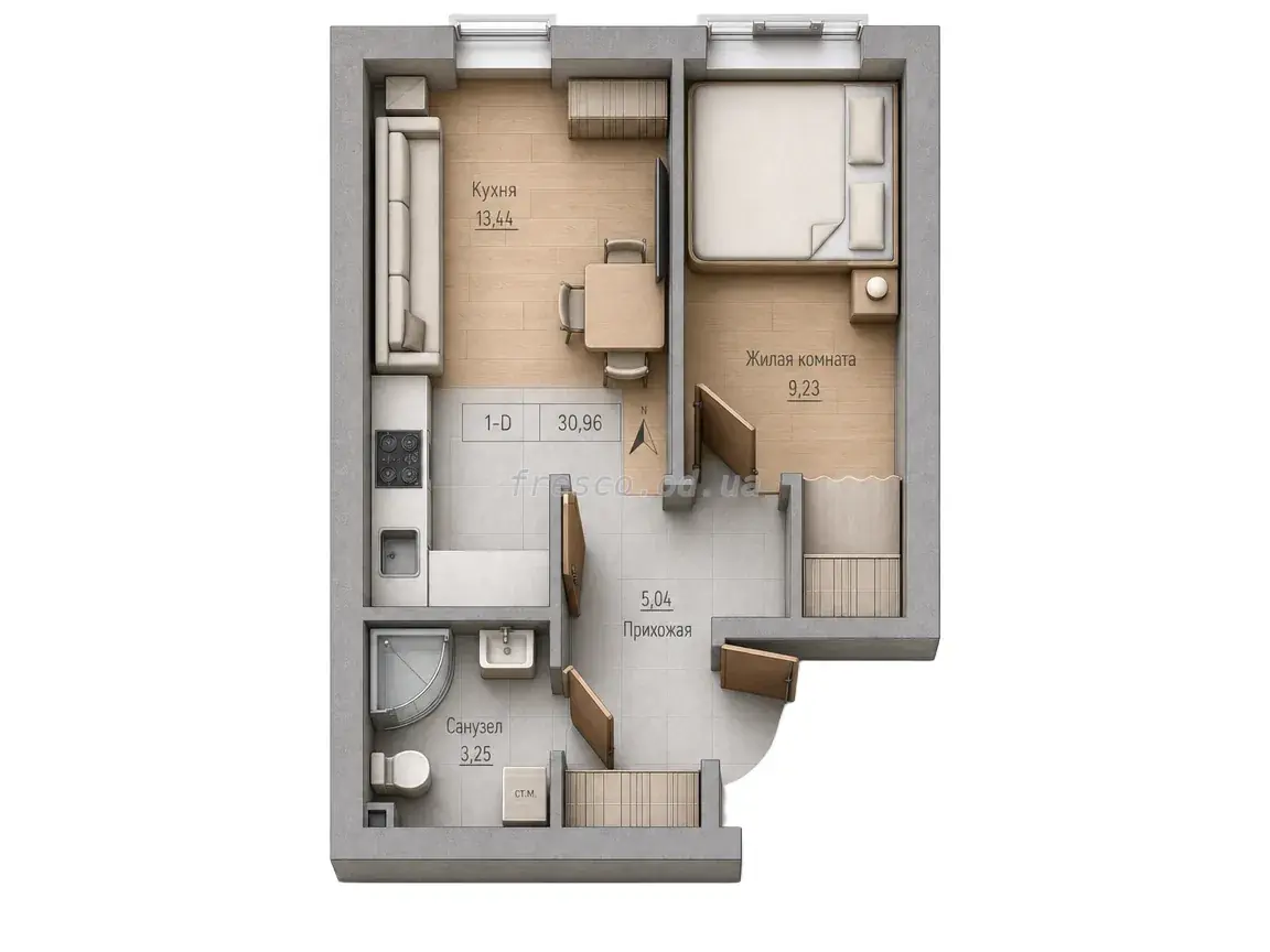 1-room apartment · 30.96 m² · Keks