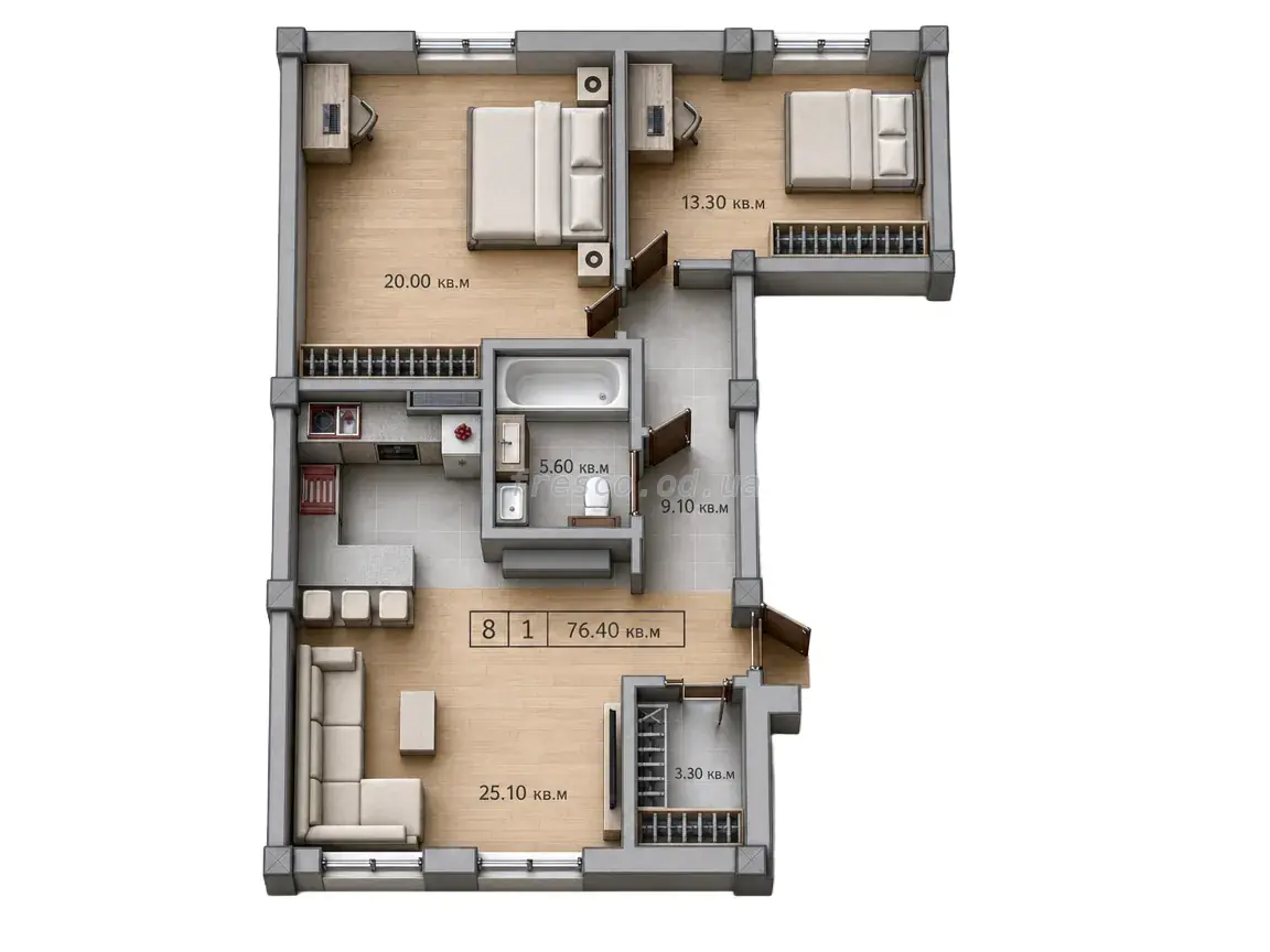 2-room apartment · 76.4 m² · Little Marseille 2