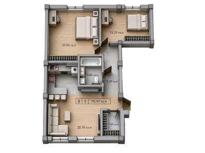 Двухкомнатная · 76.4 м² · Малый Марсель 2