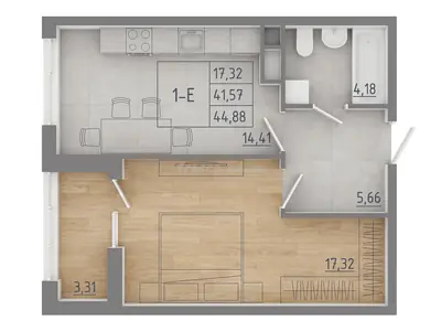 Однокомнатная · 43.47 м² · ЖК Модерн