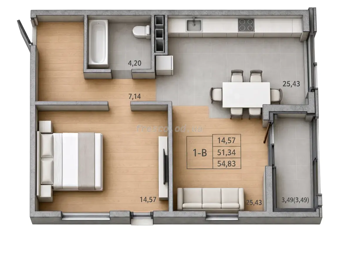 1-room apartment · 53.09 m² · Modern
