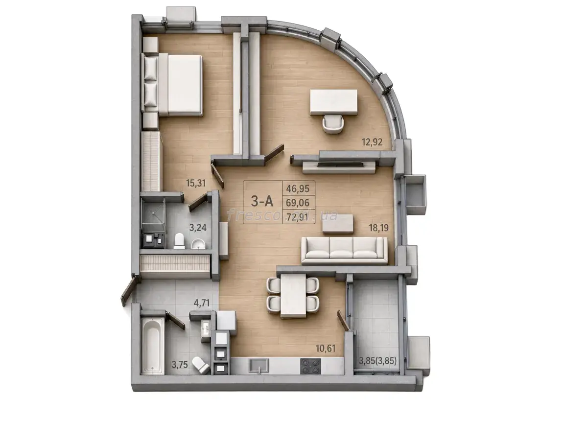 3-room apartment · 73.2 m² · Modern