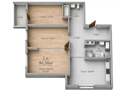 Трёхкомнатная · 96.3 м² · ЖК Sky City