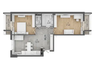 Двухкомнатная · 66.0 м² · ЖК Таировские сады