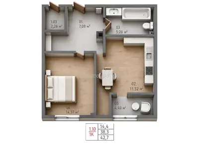 Однокомнатная · 42.4 м² · ЖК Теплый дом плюс