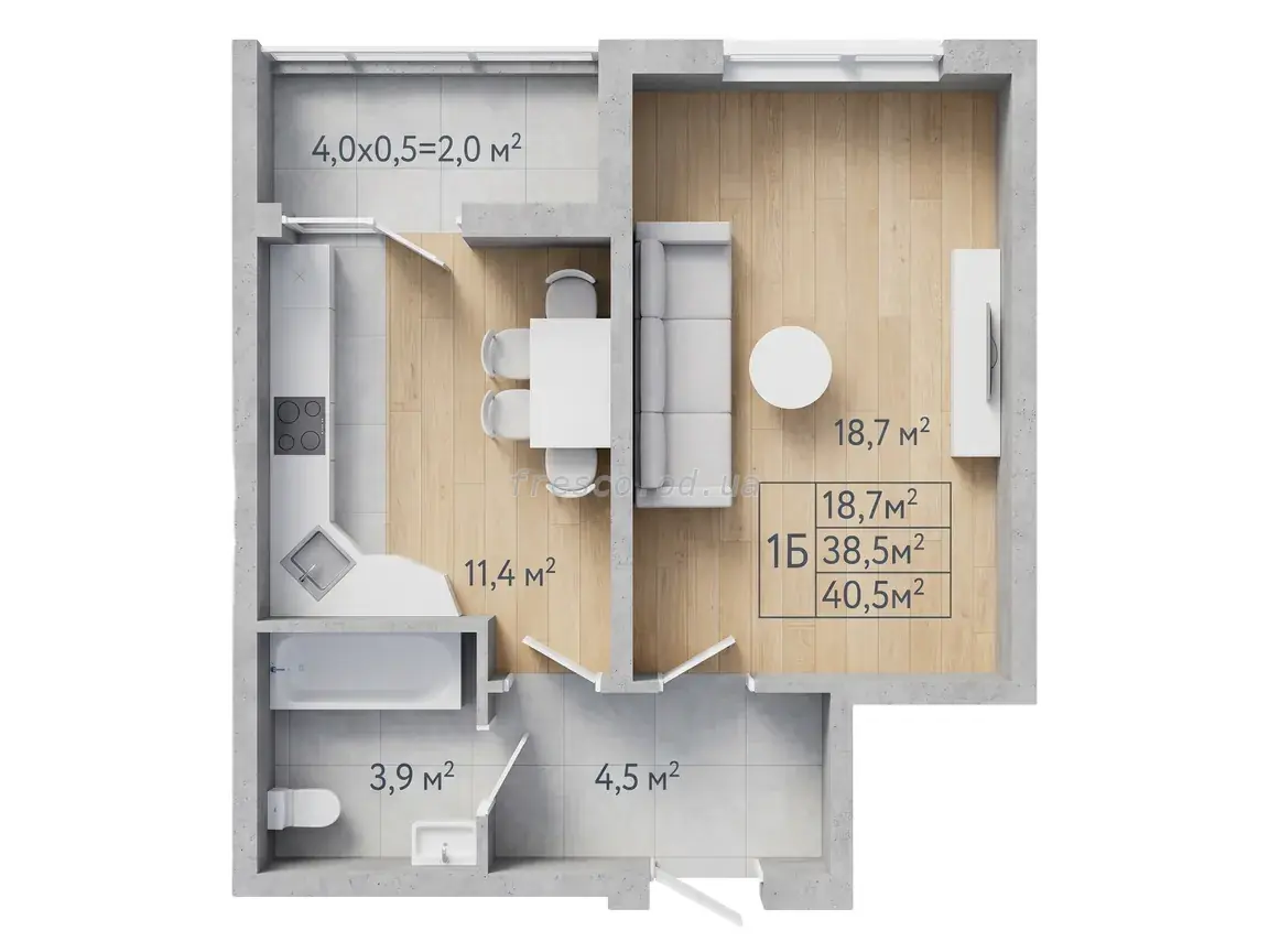 1-room apartment · 41.1 m² · Aquamarine