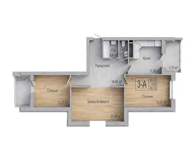 Трёхкомнатная · 86.75 м² · ЖК Аврора