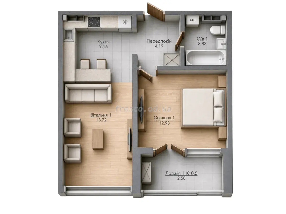 1-room apartments · 48.4 m² · Kandinsky Residence