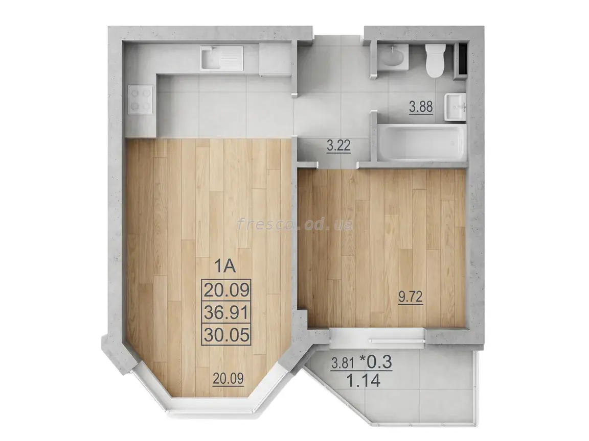 1-room apartment · 38.0 m² · MERIDIAN