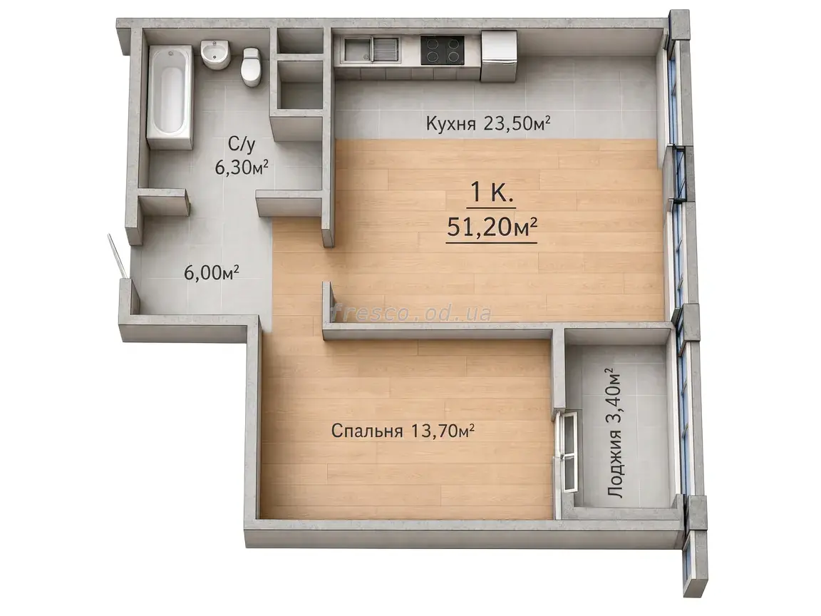Studio · 51.2 m² · Sky City