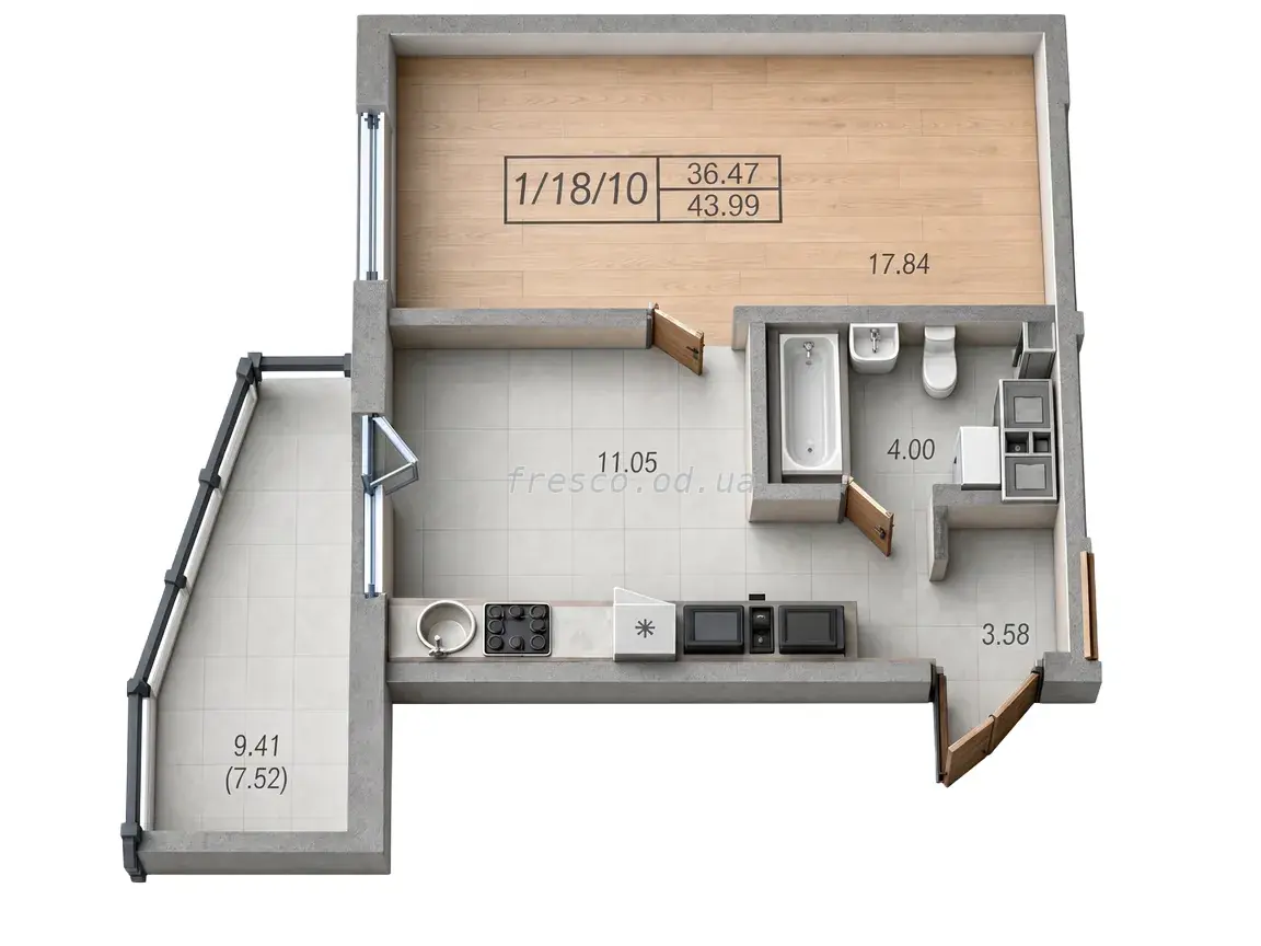 1-room apartment · 43.99 m² · Udobny