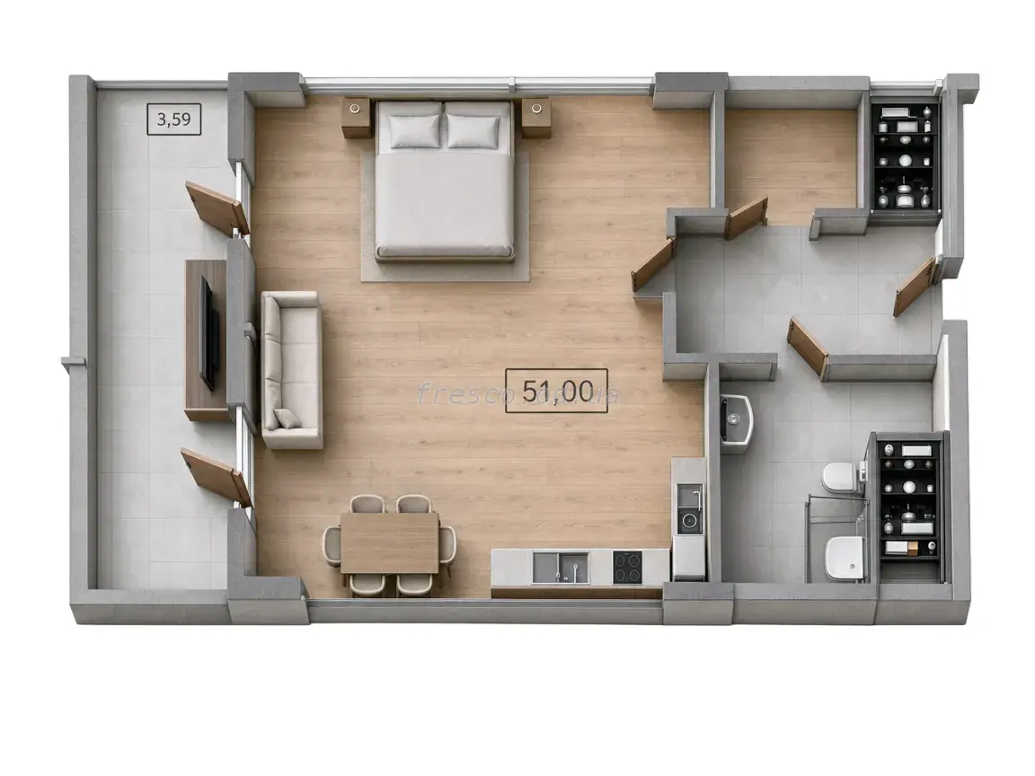 Однокомнатная квартира · 54.88 м² · Unity Towers