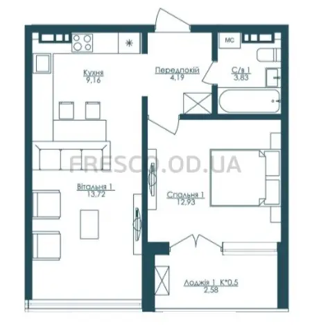 1-room apartments · 48.4 m² · Kandinsky Residence
