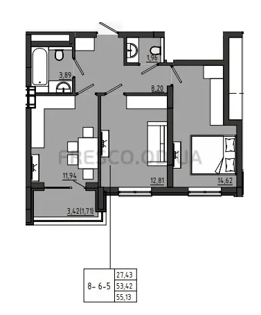 2-room apartment · 55.13 m² · Riviera Gardens