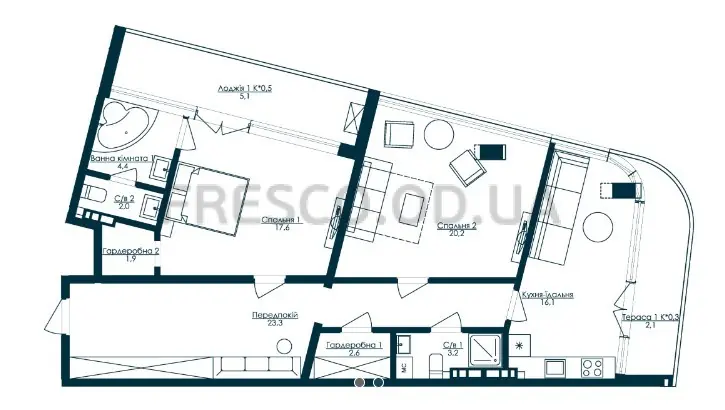 2-room apartments · 98.3 m² · Kandinsky Residence