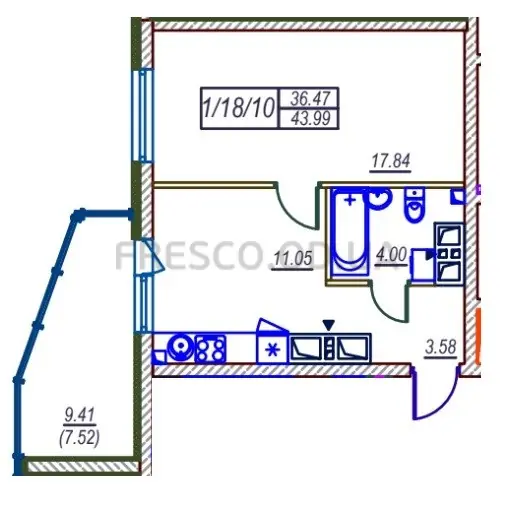 1-room apartment · 43.99 m² · Udobny