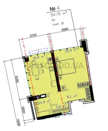 1-room apartment · 54.7 m² · Avtorsky Rayon