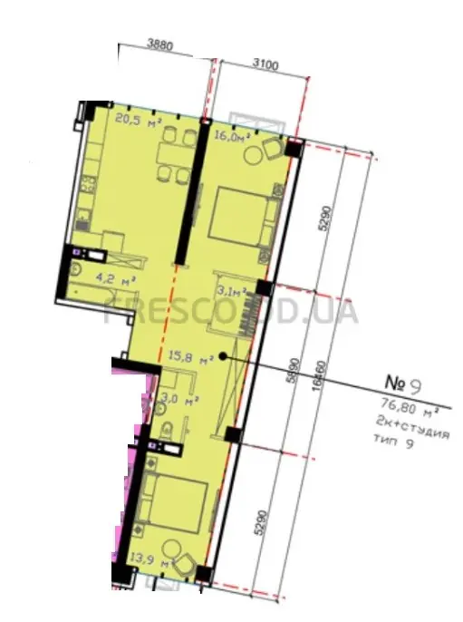 2-room apartment · 76.8 m² · Avtorsky Rayon