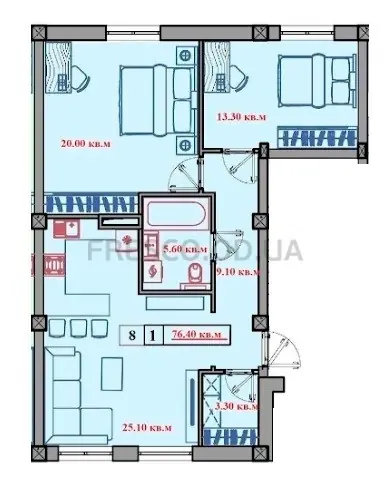 2-room apartment · 76.4 m² · Little Marseille 2