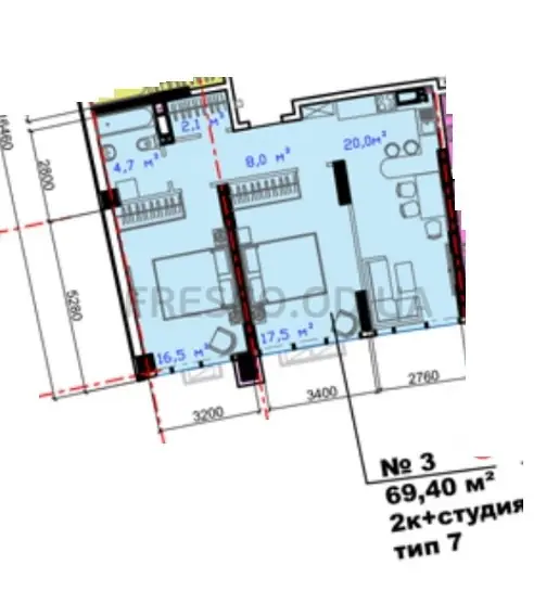 2-room apartment · 69.4 m² · Avtorsky Rayon