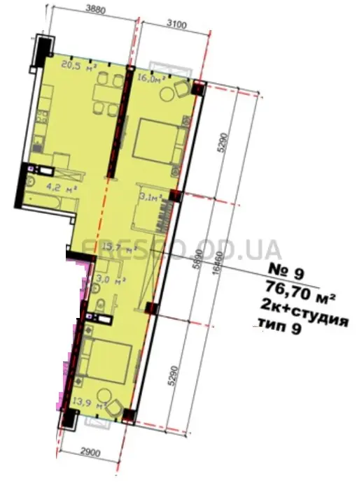 2-room apartment · 76.7 m² · Avtorsky Rayon