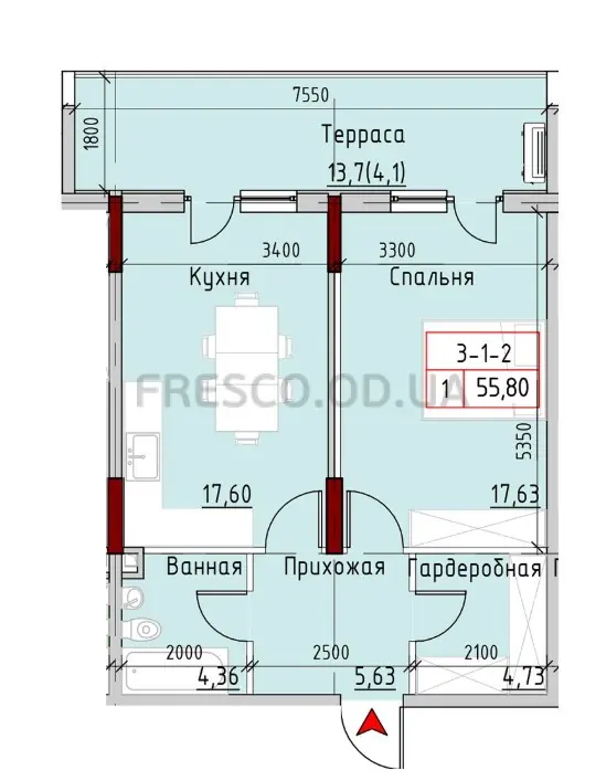 1-room apartment · 55.8 m² · MARINIST Residence