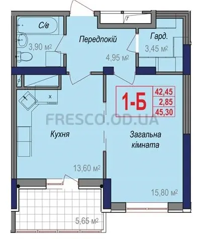 1-room apartment · 45.3 m² · Aurora