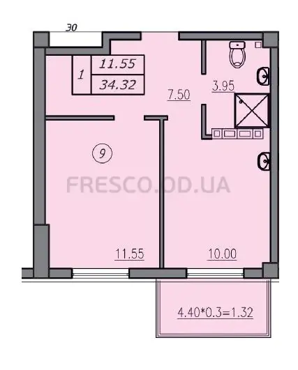 1-room apartments · 34.74 m² · Lidersovsky