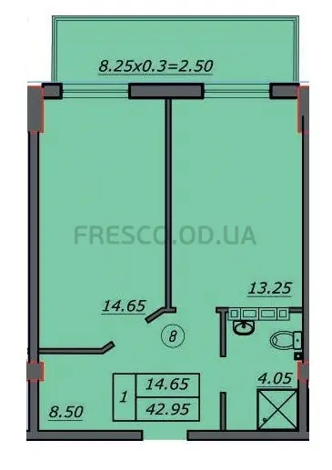 1-room apartments · 42.95 m² · Lidersovsky