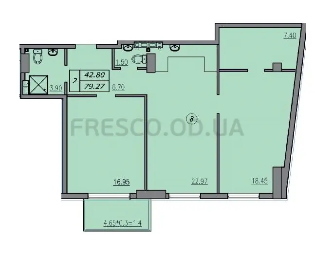 2-room apartments · 79.27 m² · Lidersovsky