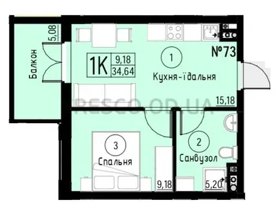 Однокомнатная · 34.64 м² · ЖК Акварель-7