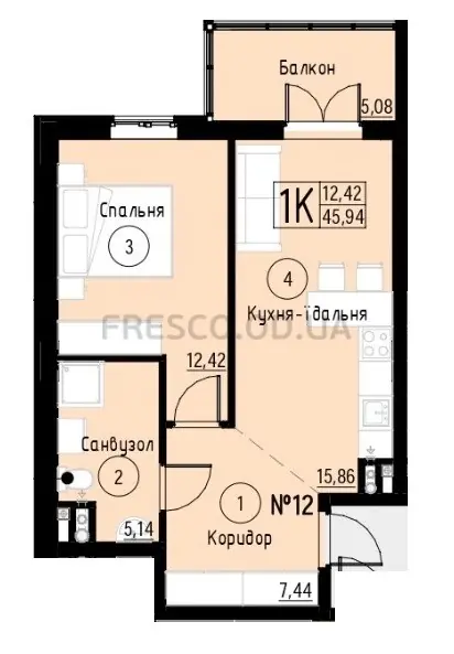 1-room apartment · 45.94 m² · Aquarelle 7