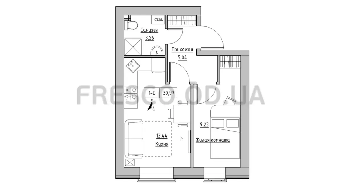 1-room apartment · 30.97 m² · Keks