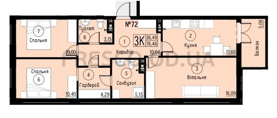 3-room apartment · 76.46 m² · Aquarelle 7