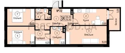 Трёхкомнатная · 76.46 м² · ЖК Акварель-7