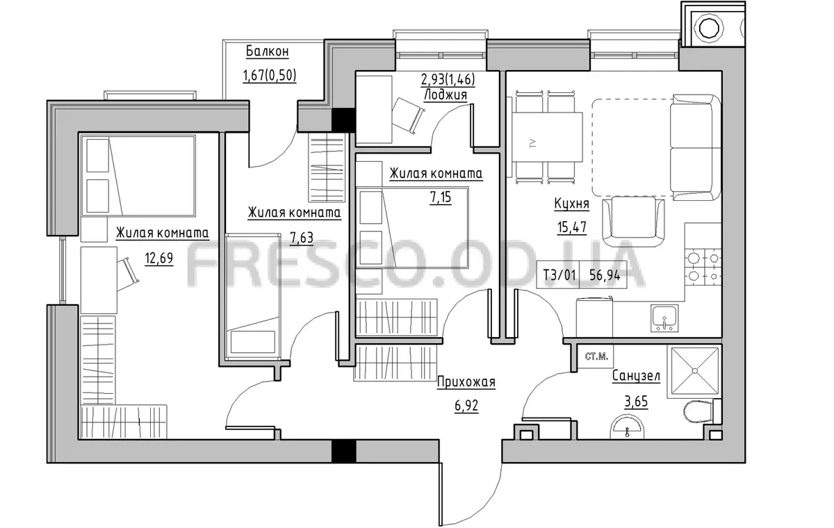 3-room apartment · 56.94 m² · Keks
