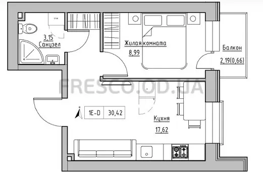 1-room apartment · 30.42 m² · Keks