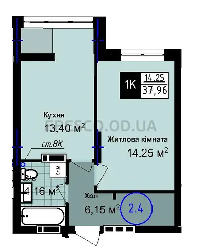 Однокомнатная · 37.96 м² · ЖК Sea Town