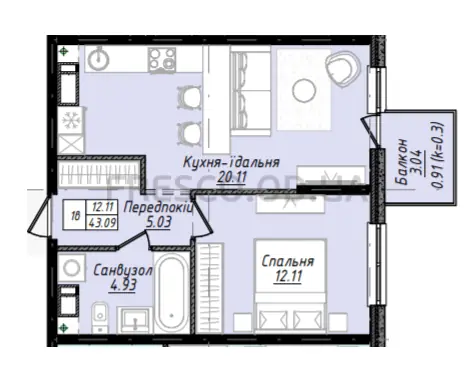 1-room apartment · 43.0 m² · Sky City