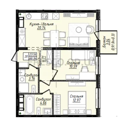 2-room apartment · 60.5 m² · Sky City