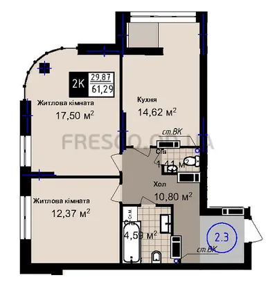 Двухкомнатная · 61.29 м² · ЖК Sea Town