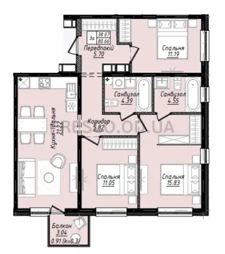 3-room apartment · 80.7 m² · Sky City