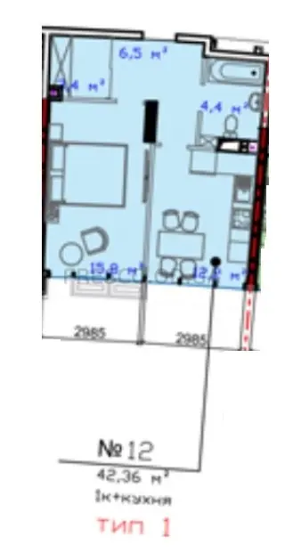 1-room apartment · 42.36 m² · Avtorsky Rayon